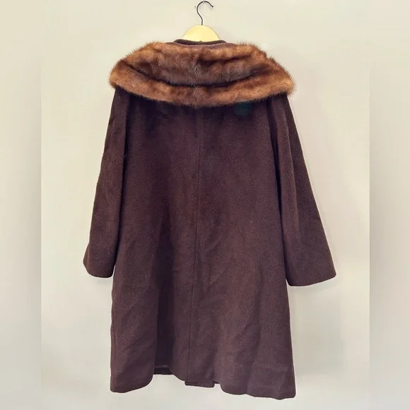 Vintage 60’s Ladies Brown Fox Fur Collar Mink Button Down Long Trench Coat - Picture 4 of 9